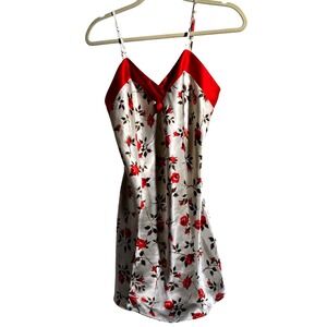 VTG 90s Kathy Ireland Floral Rose Satin Slip Dress White Red Romantic Feminine S